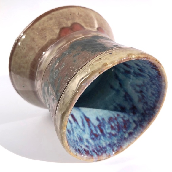 handmade pottery vase raku vessel leaves brown black blue drip 4 inches tall - Picture 12 of 16